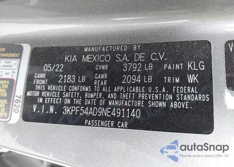 2022 Kia Forte Gt-Line z USA, uszkodzony, nr VIN 3KPF54AD9NE491140